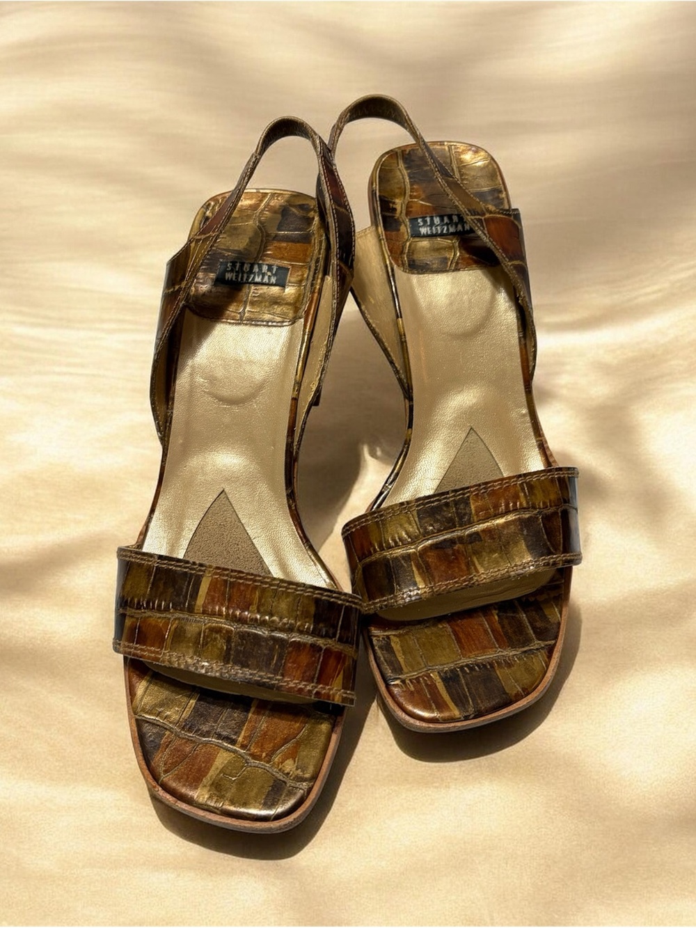 Stuart Weitzman Brown and Gold Multi-Tone Slide Sandals Sz 7.5 Women